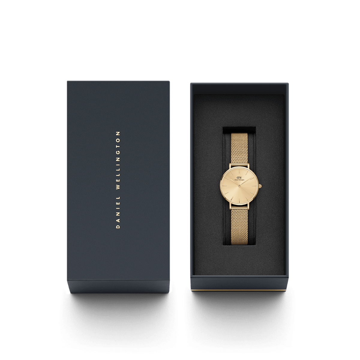 Petite Unitone Gold women’s watch with gold mesh strap in Daniel Wellington gift box, elegant minimalist design.