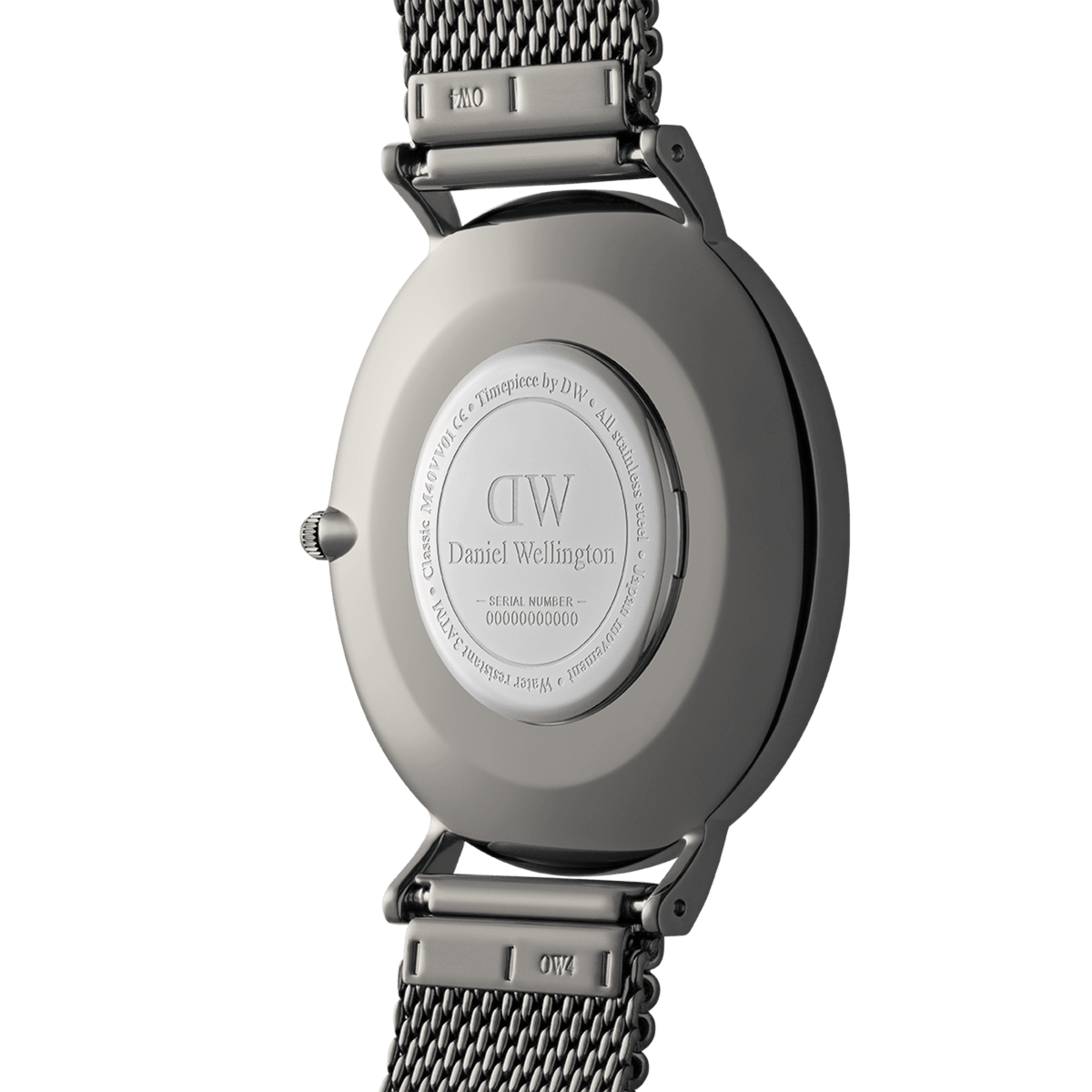 Back view of the Classic Mesh Graphite watch showing the engraved Daniel Wellington caseback and adjustable graphite mesh strap.