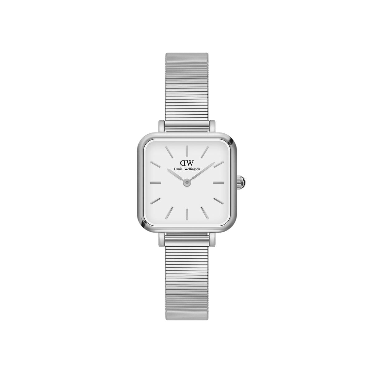 Quadro Studio Silver women’s watch with square eggshell dial and stainless steel Piano Link strap, minimalist and elegant design.