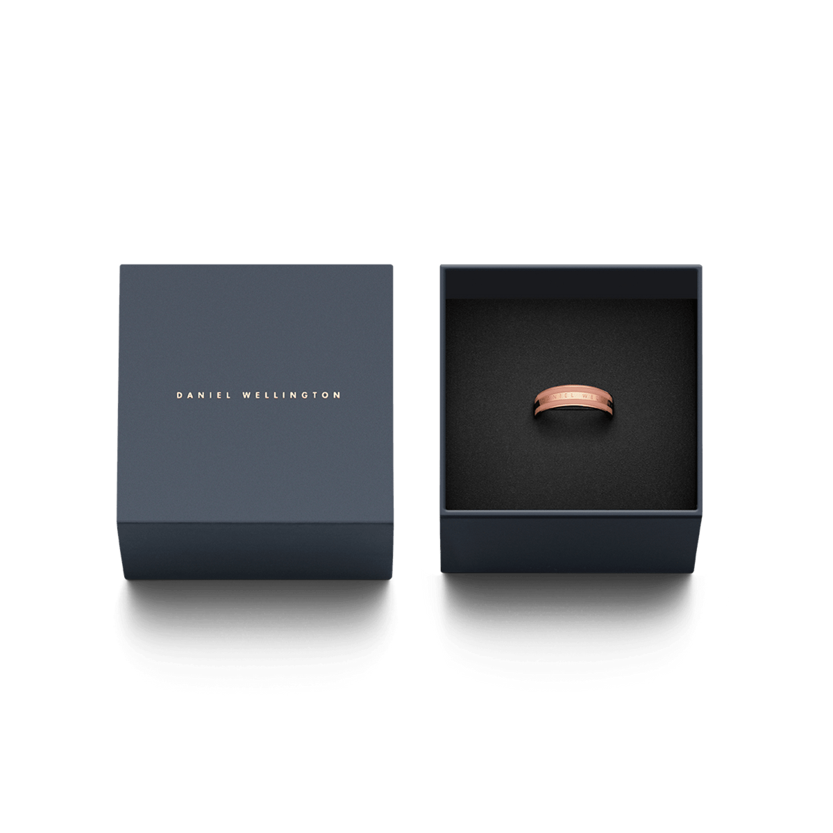 Emalie Ring Dusty Rose Rose Gold presented in an elegant Daniel Wellington gift box, highlighting its polished rose gold and pink enamel design.