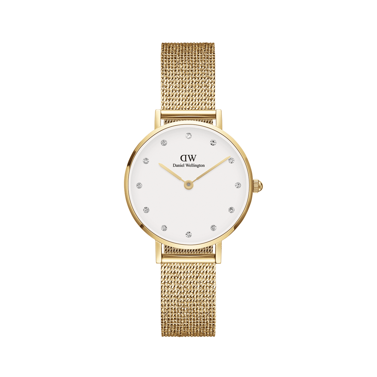 Petite Lumine Pressed Evergold women’s watch with gold mesh strap, white dial, and crystal hour markers by Daniel Wellington.