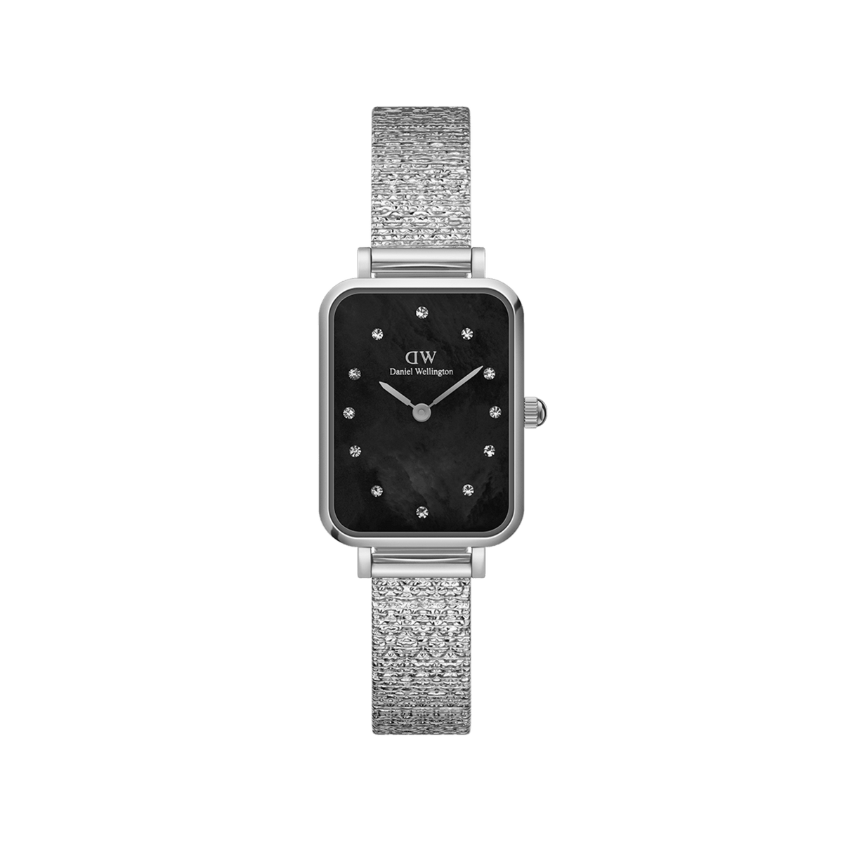 Rectangular silver women’s watch with black mother of pearl dial, crystal markers, and textured pressed piano link bracelet.