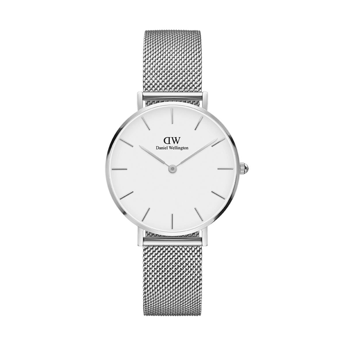 Petite Sterling women’s watch with silver mesh strap, minimalist eggshell white dial and polished silver hour markers.