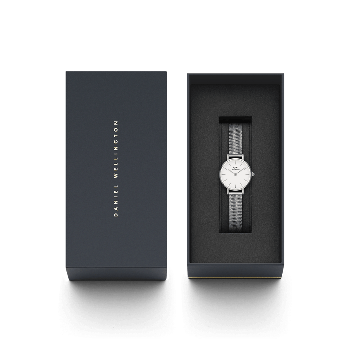 Petite Pressed Sterling women’s silver watch with mesh strap presented in a sleek Daniel Wellington gift box.