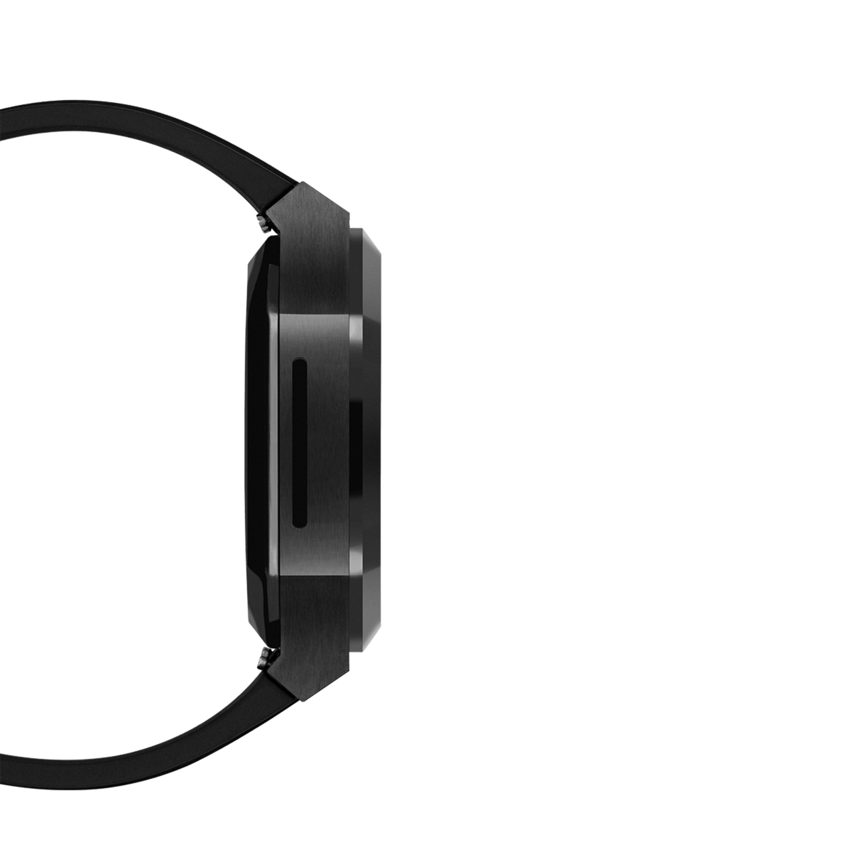Side profile of the Switch Black Black Daniel Wellington Apple Watch case, highlighting its slim brushed stainless steel frame and integrated black rubber strap.