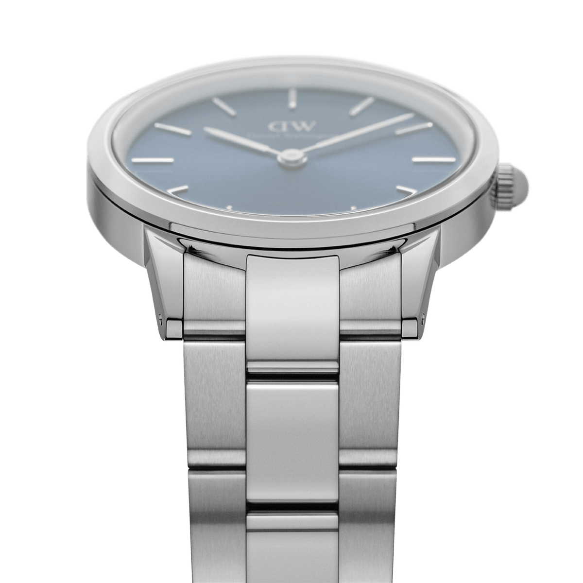 Daniel Wellington Iconic Link Arctic watch highlighting the brushed stainless steel bracelet and slim round case with a blue sunray dial.