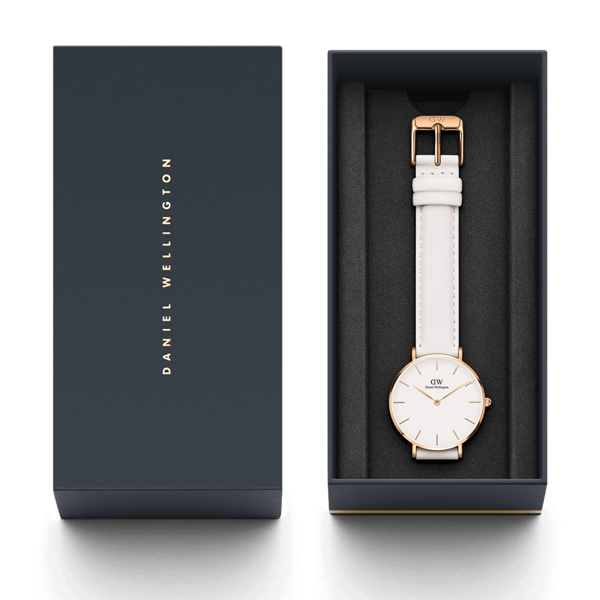 Petite Bondi Rose Gold watch with white leather strap in a navy Daniel Wellington gift box, perfect for gifting.