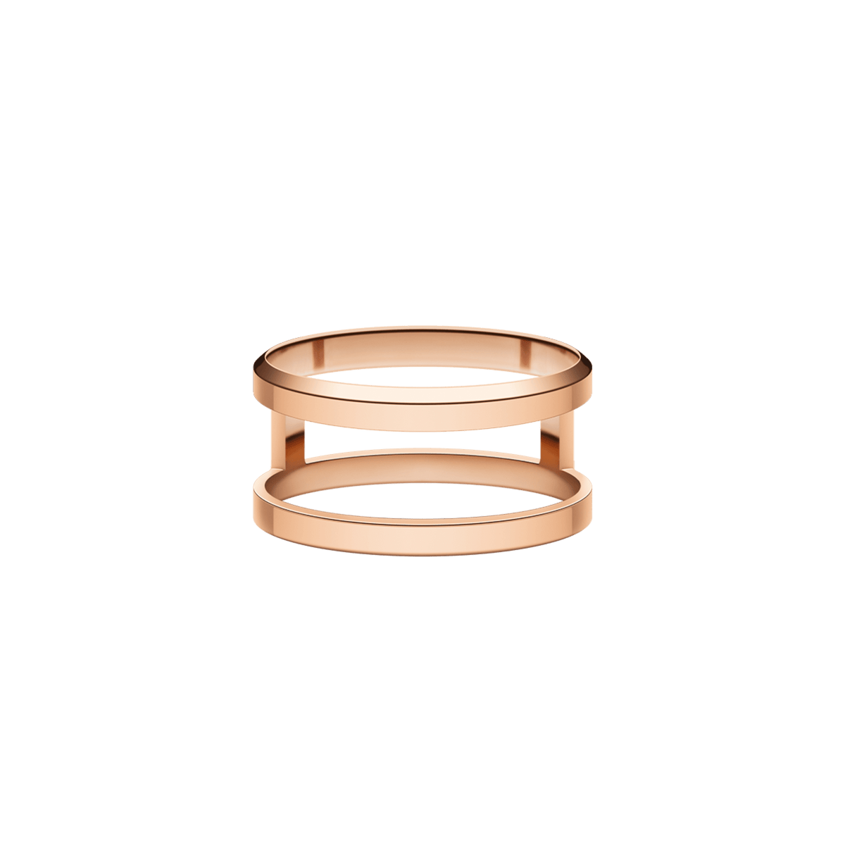 Elan Dual Ring Rose Gold featuring a sleek open structure with two parallel rose gold bands and a polished, minimalist finish.
