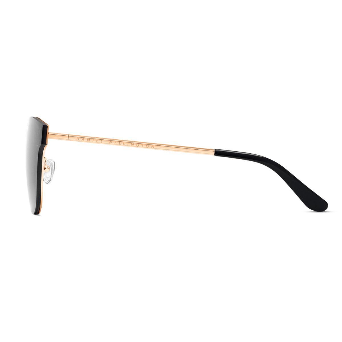 Side profile of the Ambler Steel Rose Gold sunglasses showing the slim rose gold stainless steel arm with subtle branding and black acetate temple tip.