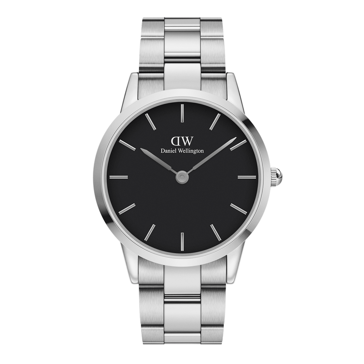 Daniel Wellington Iconic Link Silver watch with black dial and stainless steel bracelet, minimalist twelve-index design.
