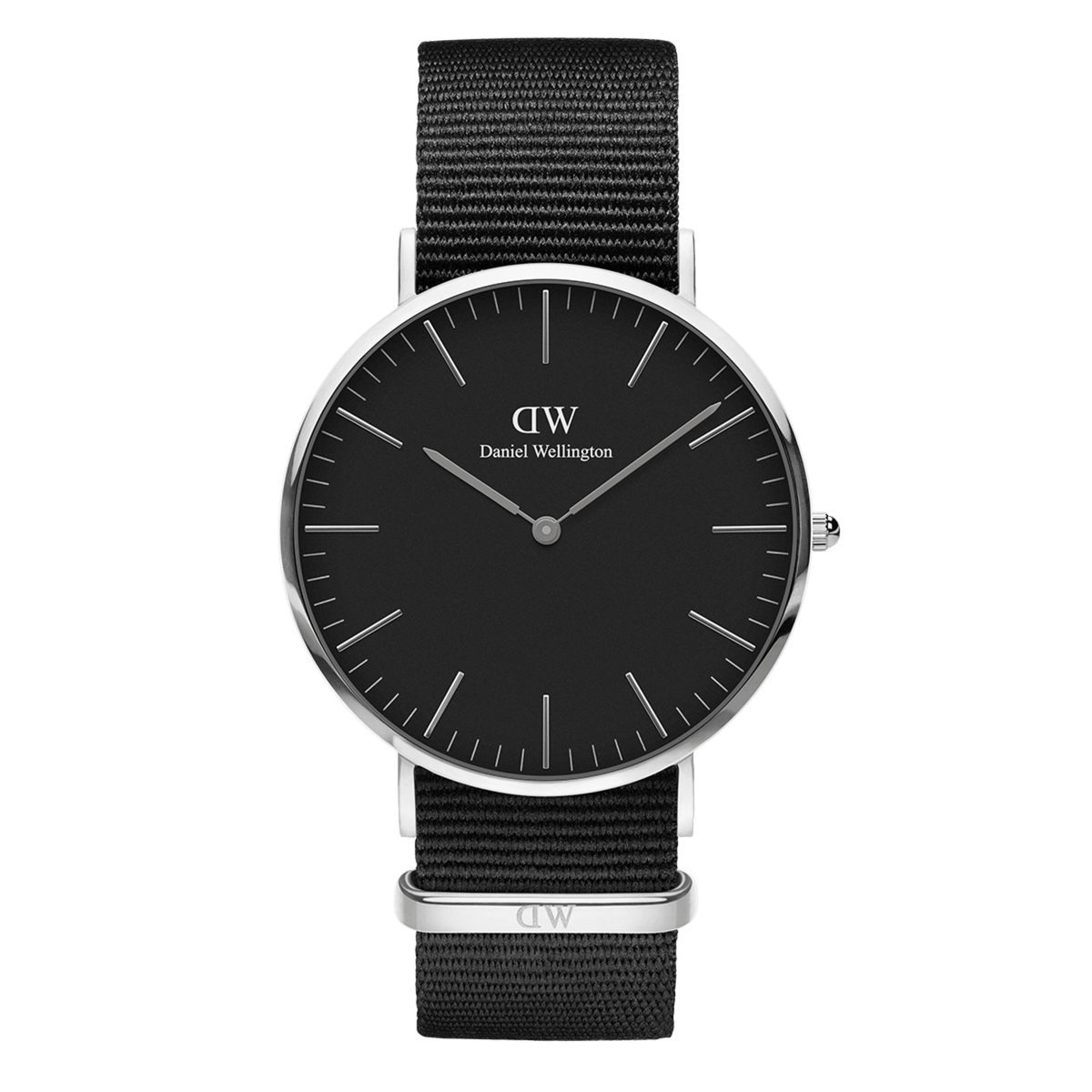 Classic Cornwall Black Silver watch with a 40mm stainless steel case, minimalist black dial, silver hour markers, and an adjustable black NATO strap.
