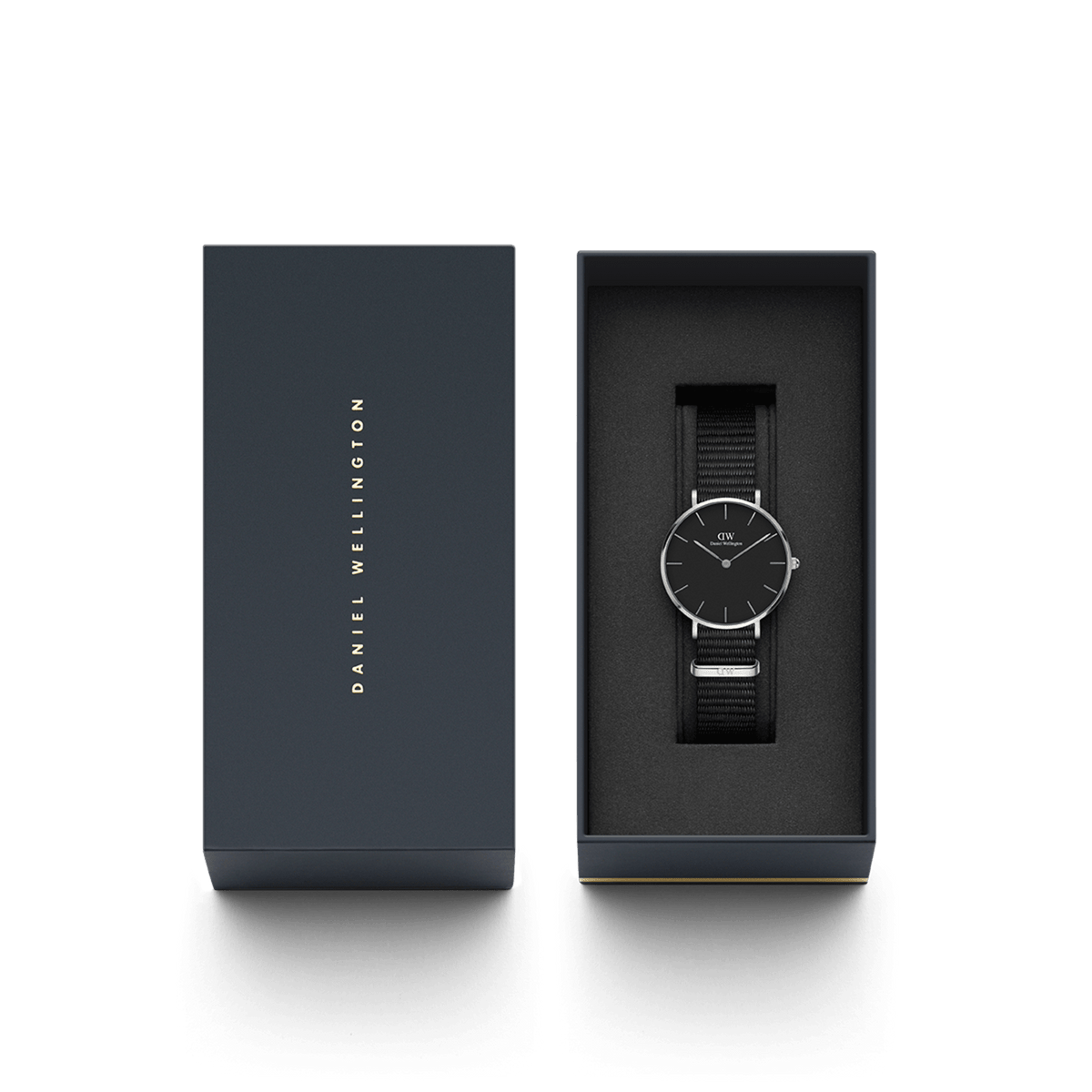 Petite Cornwall Black Silver women’s watch with a black dial and NATO strap, elegantly presented in an open Daniel Wellington gift box.