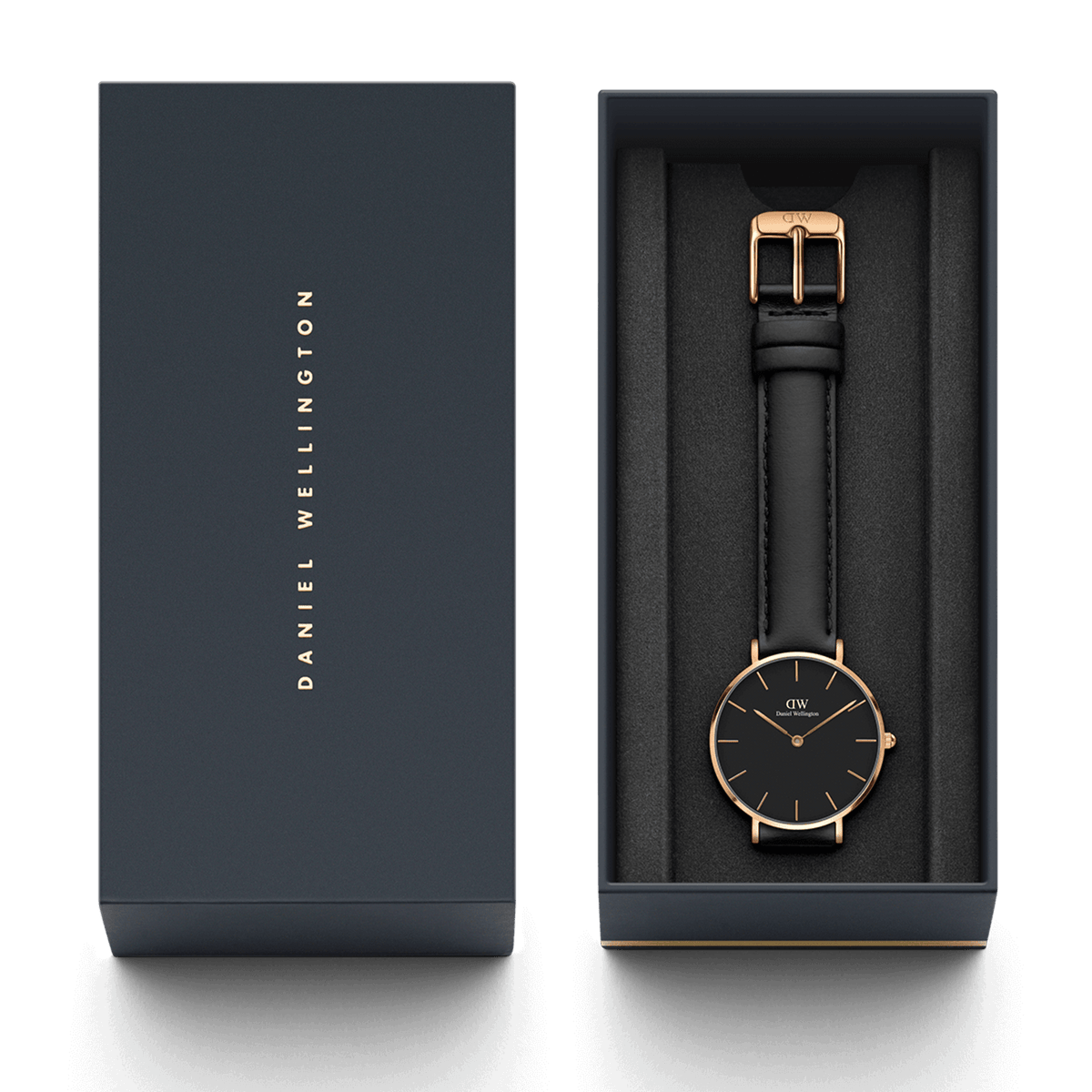 Daniel Wellington Petite Sheffield watch with a black leather strap and rose gold case, elegantly presented in a branded gift box.