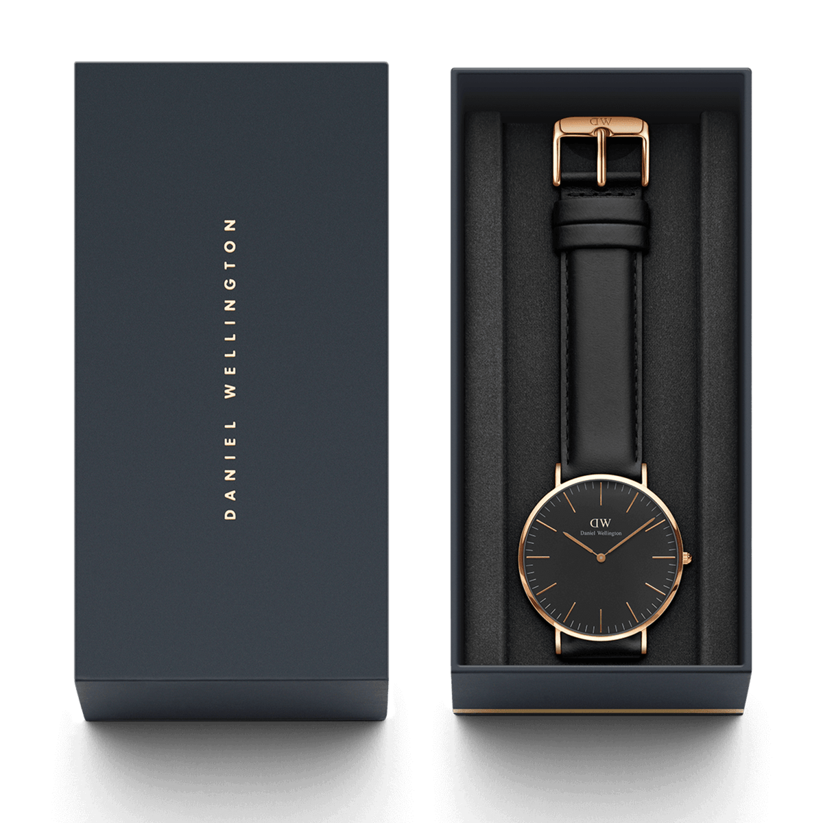 Classic Sheffield Black Rose Gold watch with a black leather strap presented in an elegant Daniel Wellington gift box.