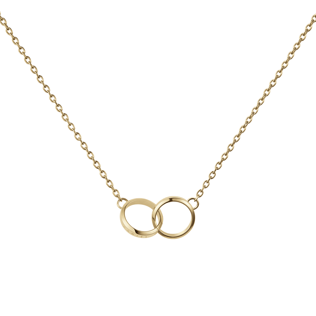Gold necklace featuring two interlocking rings on a delicate chain, symbolising unity and elegance.