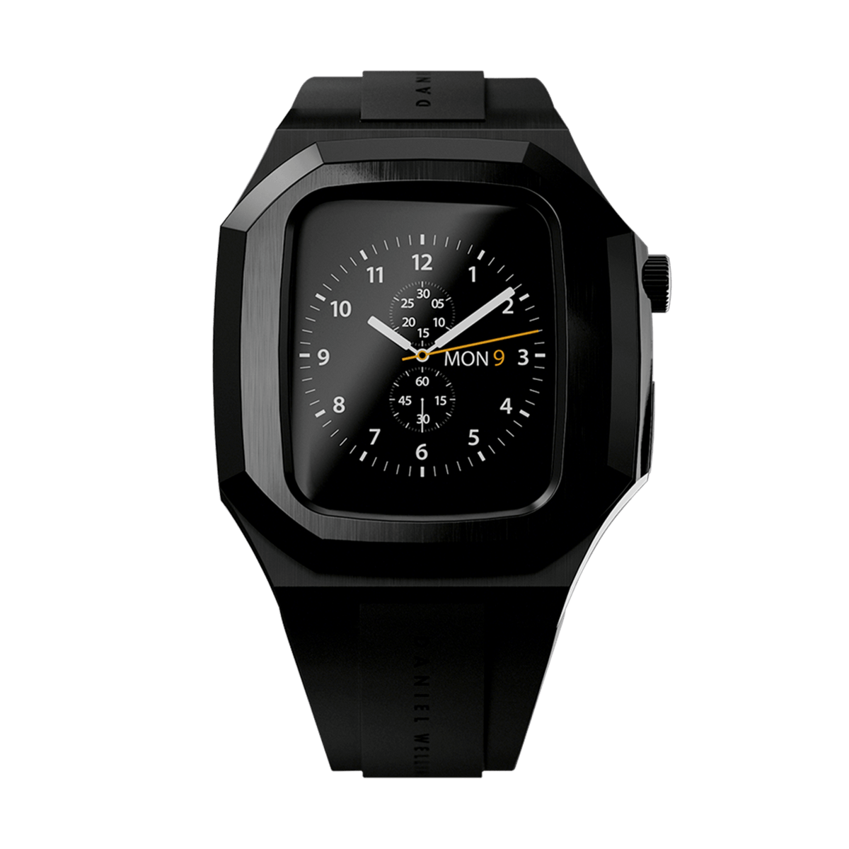 Switch Black Black Daniel Wellington Apple Watch case with a deep black stainless steel frame and black rubber strap, shown fitted to an Apple Watch displaying an analogue watch face.
