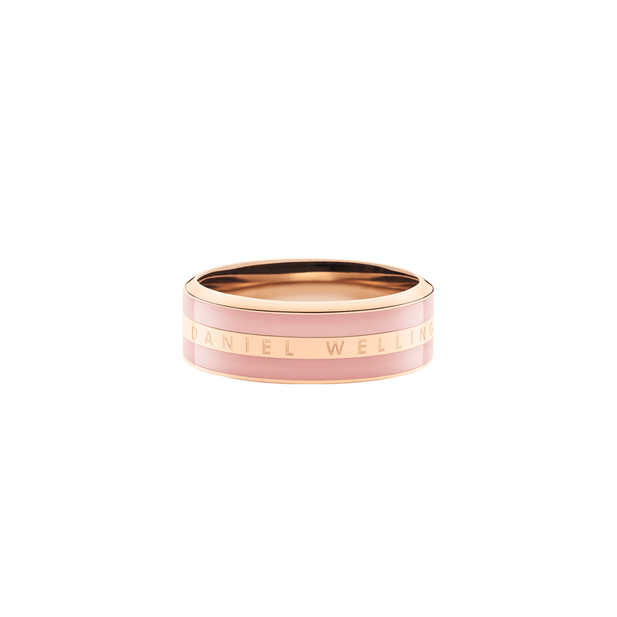 Rose gold Emalie Ring with a dusty rose enamel inlay and Daniel Wellington engraving, shown in a minimalist, side profile.