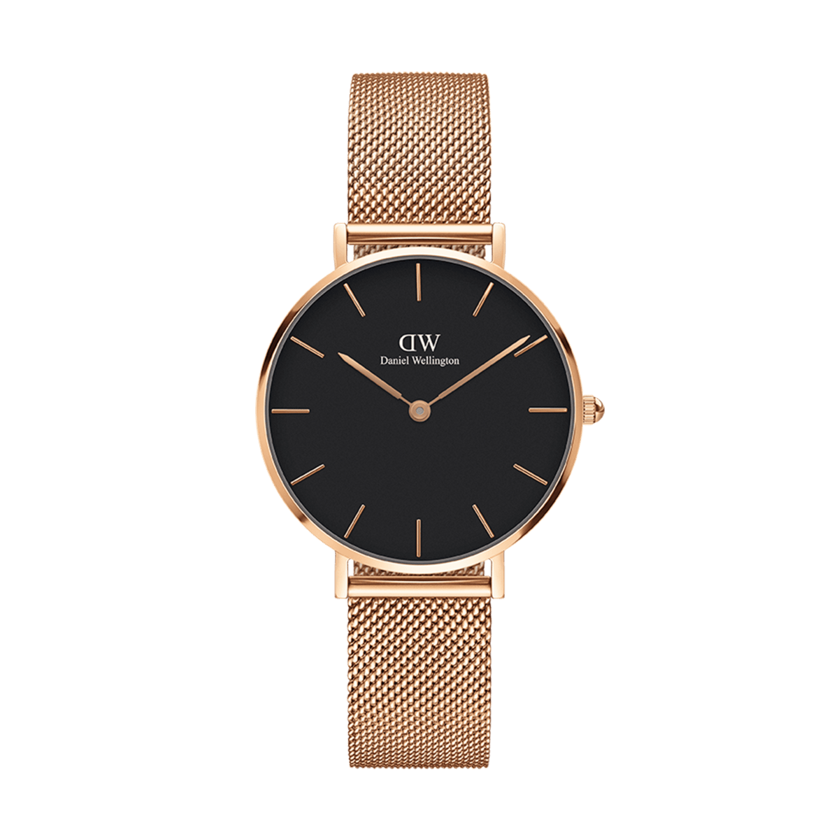 Daniel Wellington Petite Melrose women’s watch with black dial, rose gold mesh strap, and minimalist hour markers.