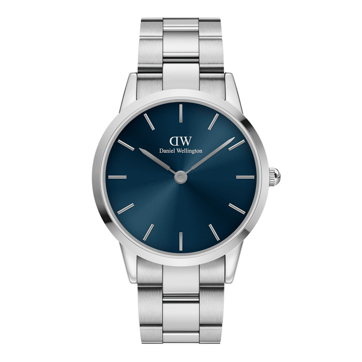 Daniel Wellington Iconic Link Arctic watch with a stainless steel bracelet and a vibrant blue sunray dial featuring minimalist silver markers.