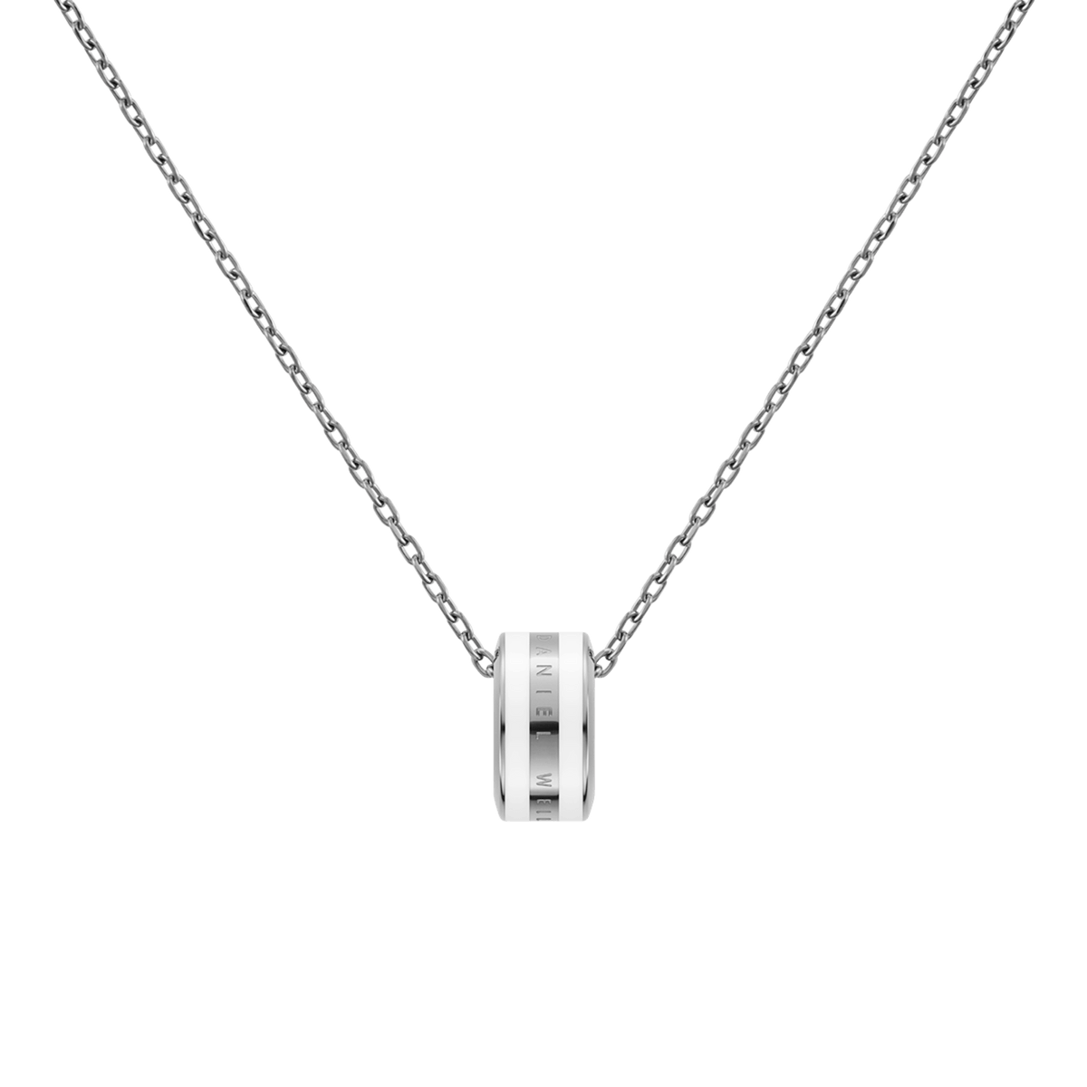 Minimalist silver necklace with a polished chain and a satin white enamel ring pendant featuring subtle engraved branding.