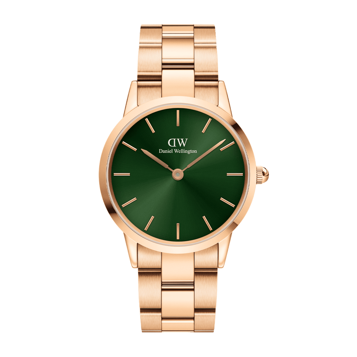 Daniel Wellington Iconic Link Emerald Green Rose Gold watch featuring a round emerald green dial, minimalist hour markers, and a polished rose gold link bracelet.