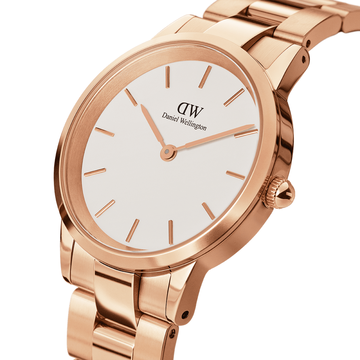 Close-up of the Daniel Wellington Iconic Link Rose Gold watch showing its polished rose gold stainless steel bracelet and minimalist eggshell white dial with gold hour markers.