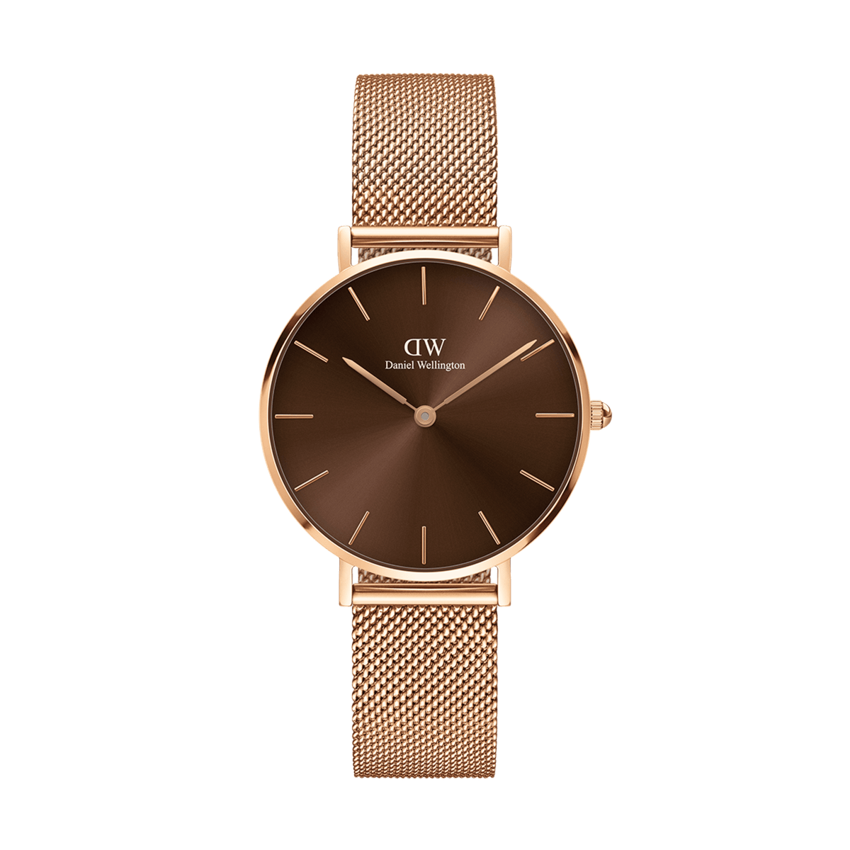 Rose gold Petite Amber women’s watch with a 28mm case, amber brown sunray dial, and a polished mesh strap.