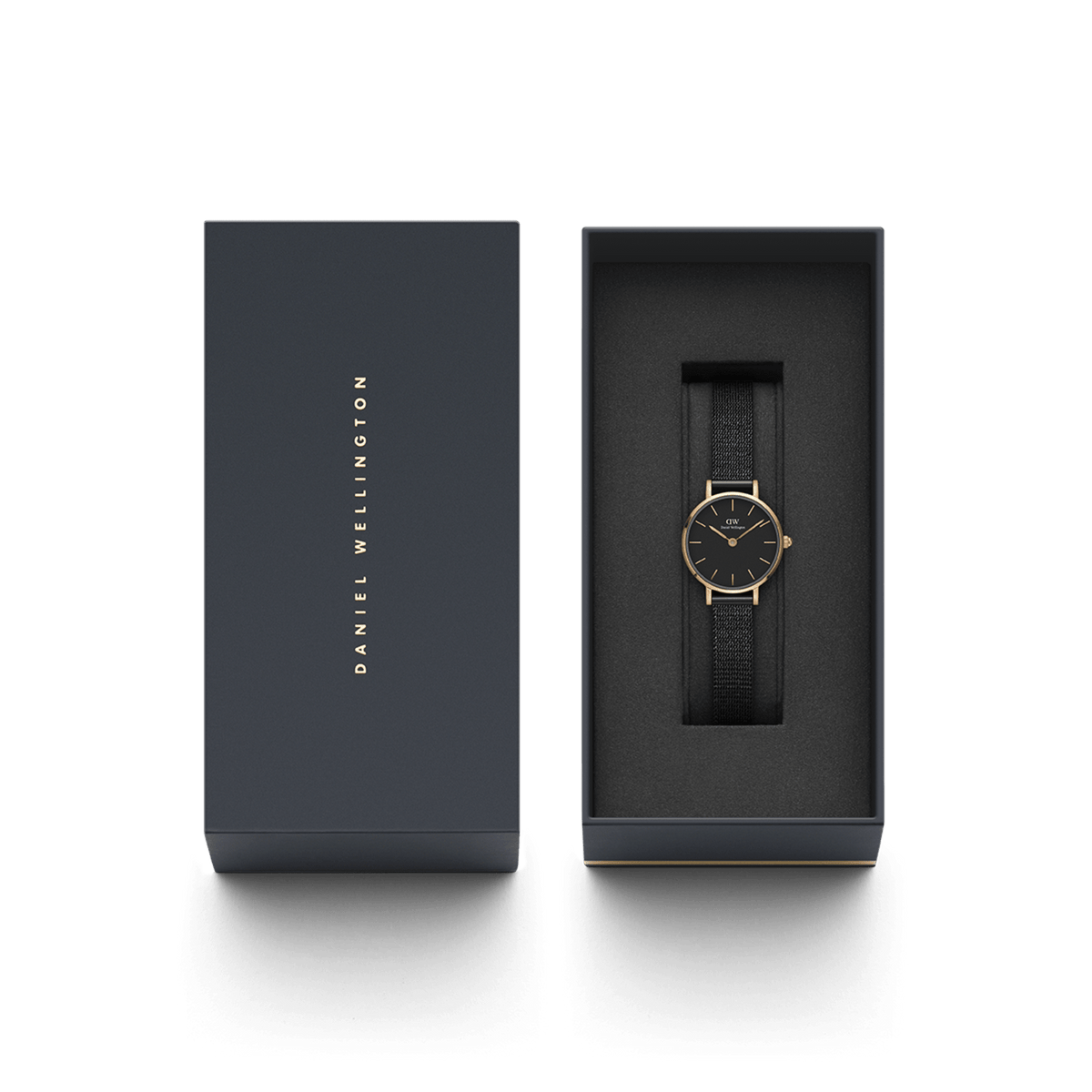 Petite Pressed Ashfield watch with a black mesh strap and rose gold case, elegantly presented in a Daniel Wellington gift box.