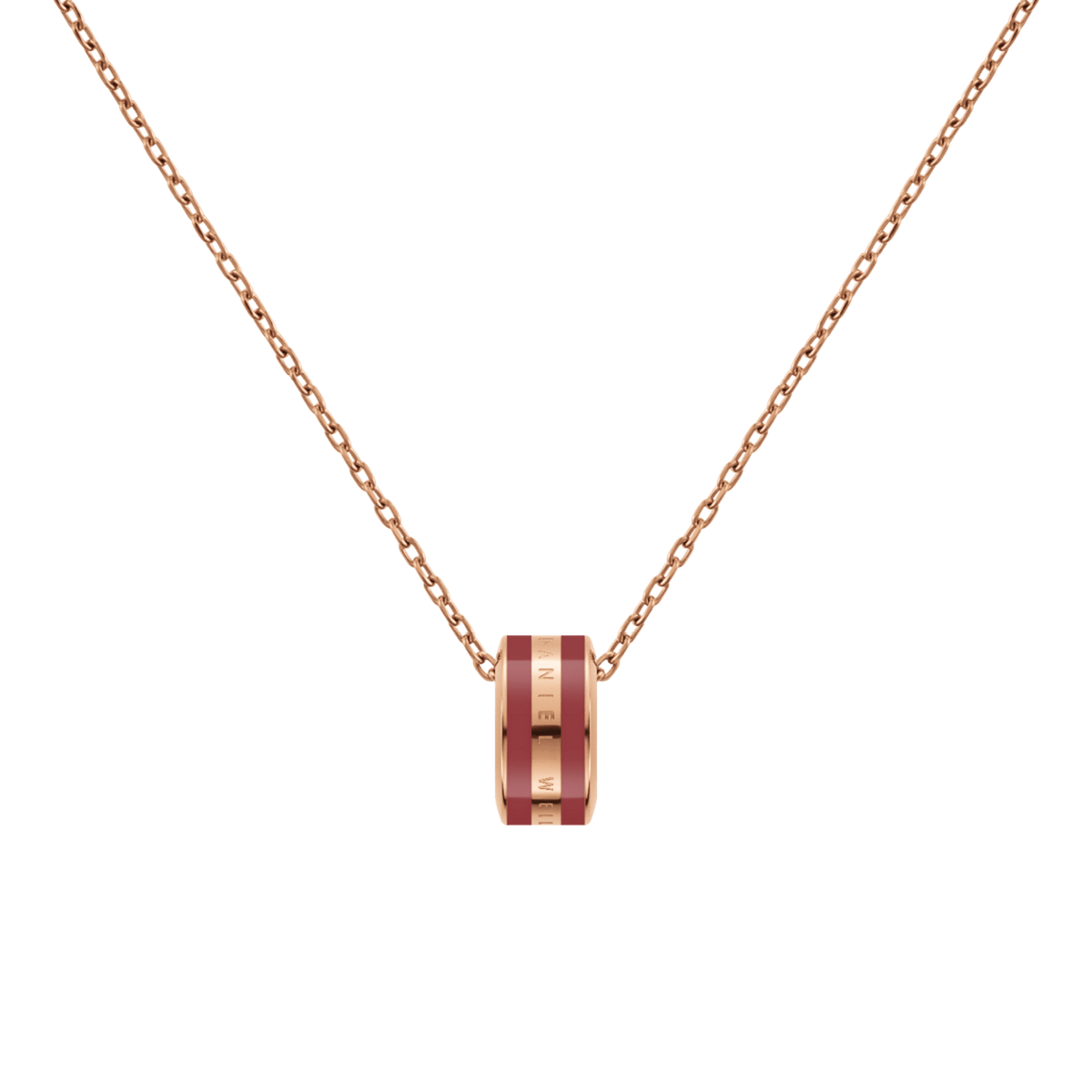 Delicate rose gold necklace featuring an adjustable chain and a barrel pendant with cherry blush enamel and engraved detailing.