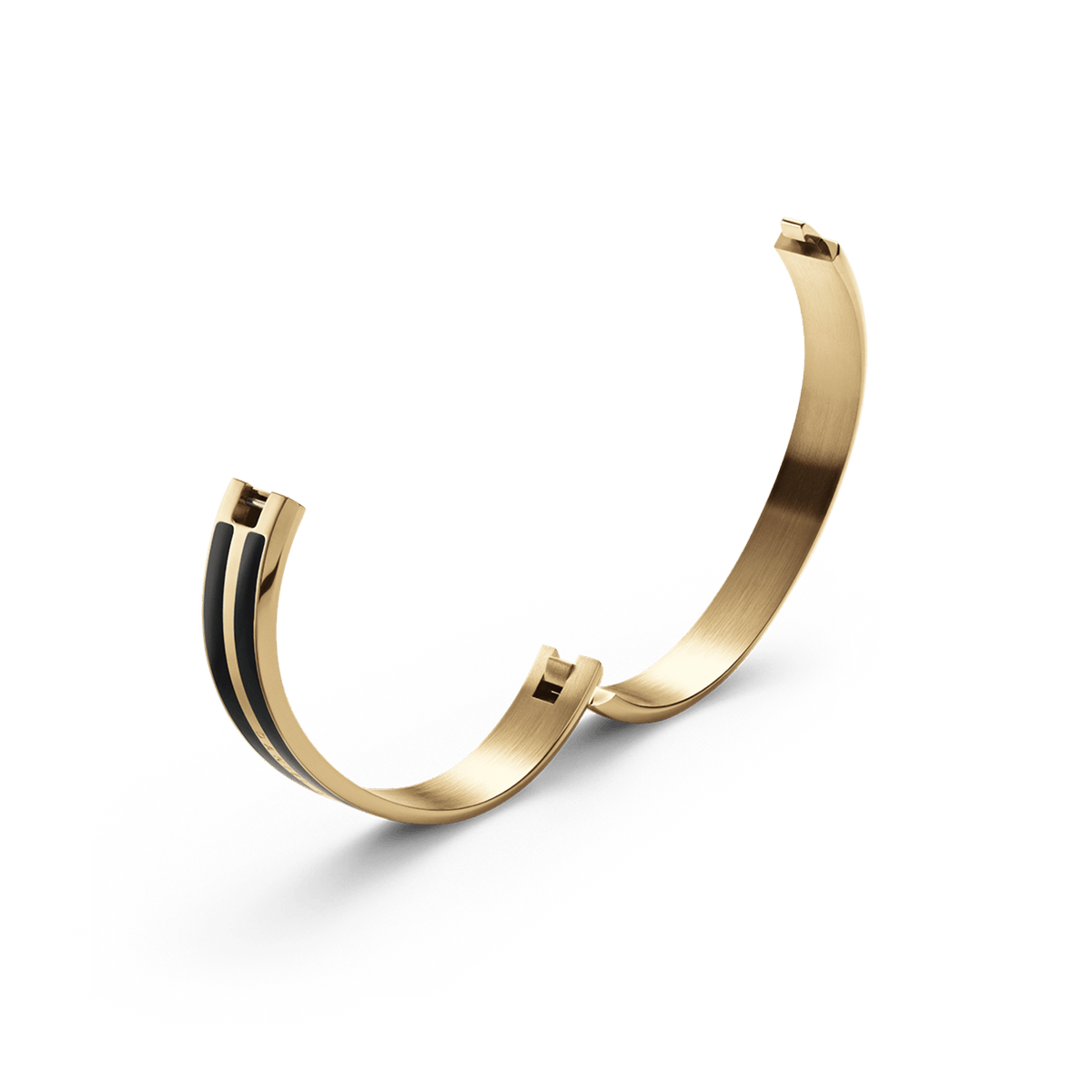 Open Emalie Infinite Gold Black bracelet showing its concealed clasp, polished gold interior, and two sleek black enamel ribbons along the outer edge.