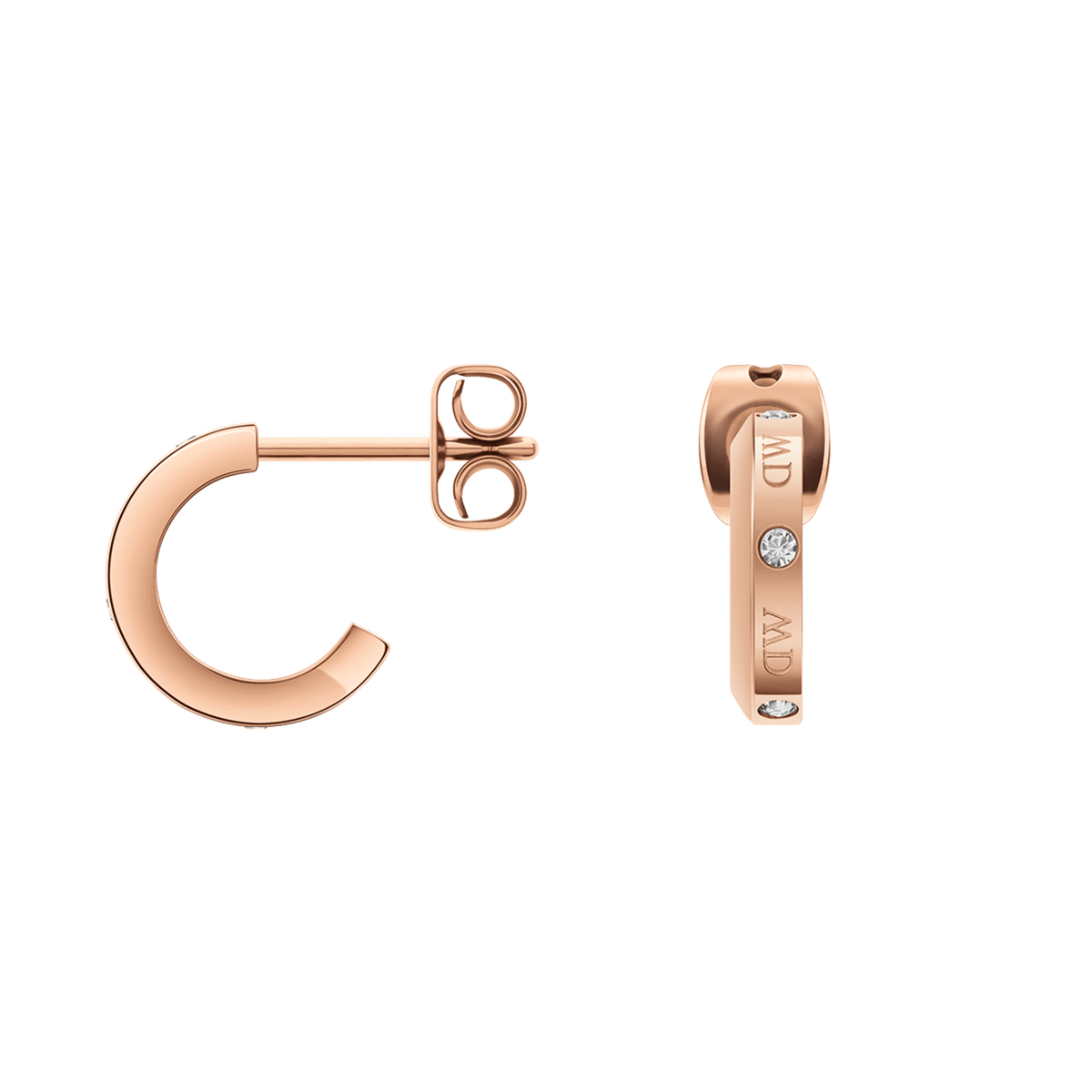 Classic Lumine Rose Gold earrings in a half-hoop design, featuring a polished rose gold finish, sparkling crystals, and engraved Daniel Wellington branding.