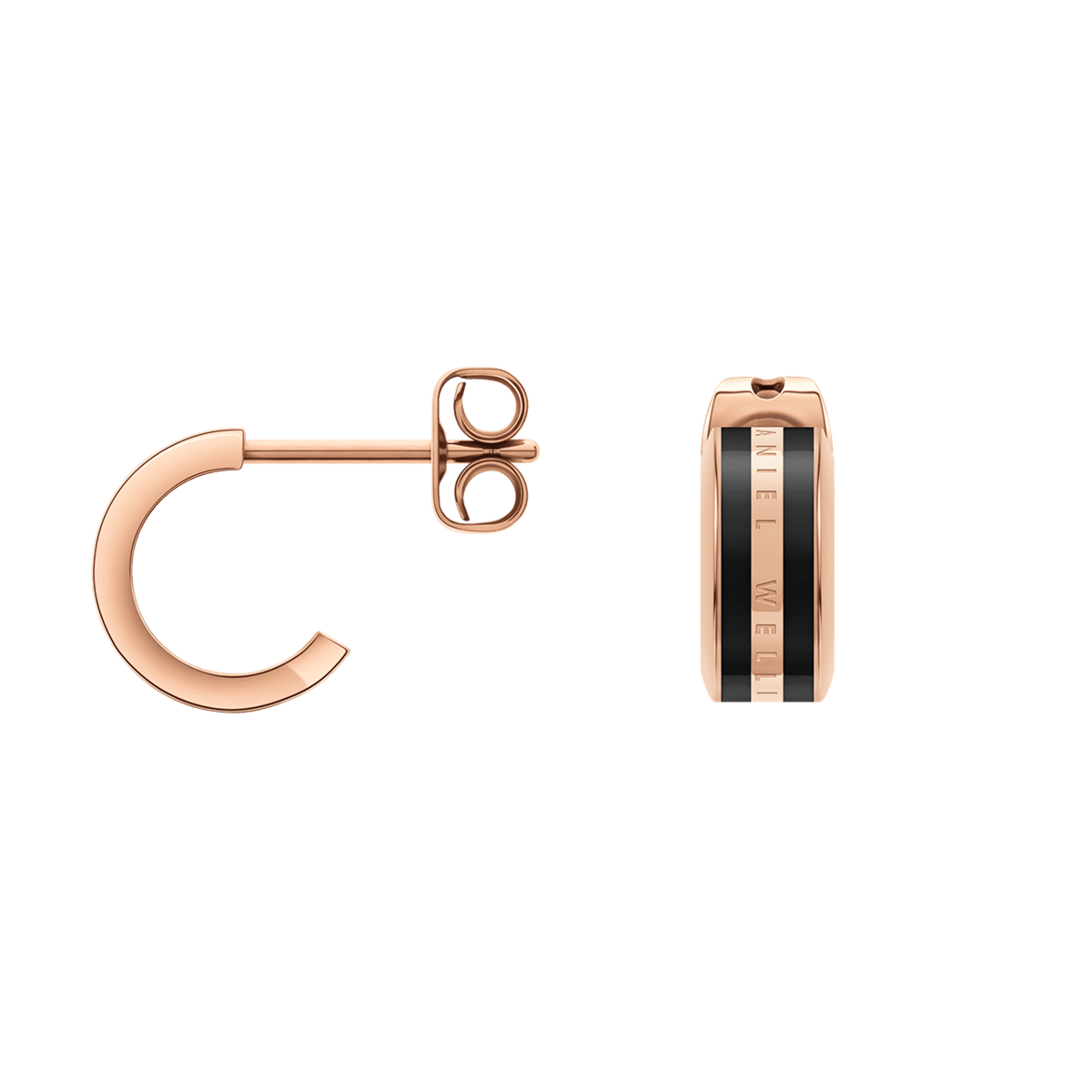 Emalie Earrings in rose gold and black enamel, featuring a bold central stripe and Daniel Wellington branding on small hoop studs.