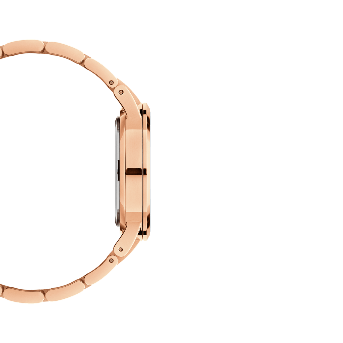 Side profile of the Daniel Wellington Iconic Link Amber watch showing its slim rose gold case and polished link bracelet.