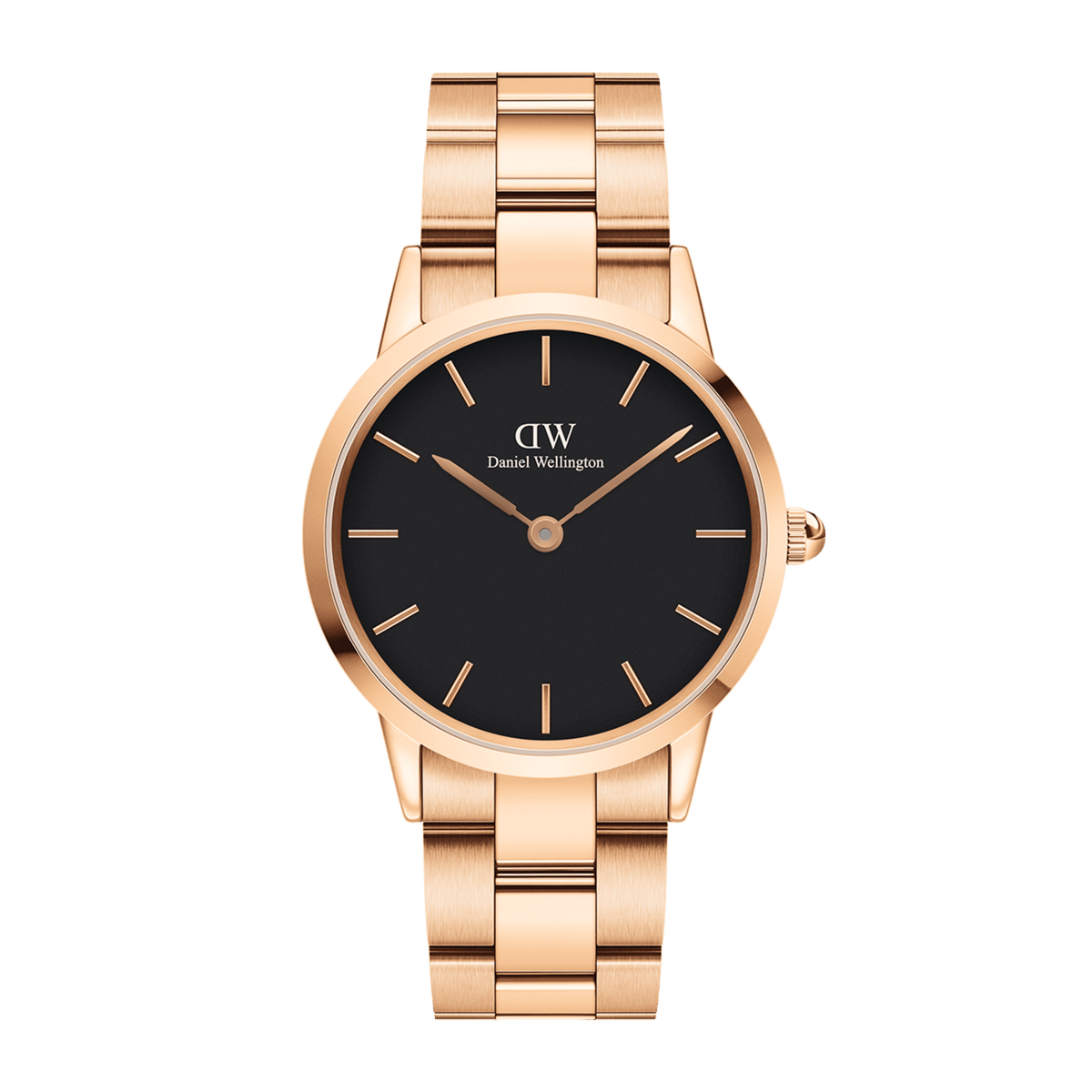 Rose gold Daniel Wellington Iconic Link watch with black minimalist dial and polished stainless steel link bracelet.