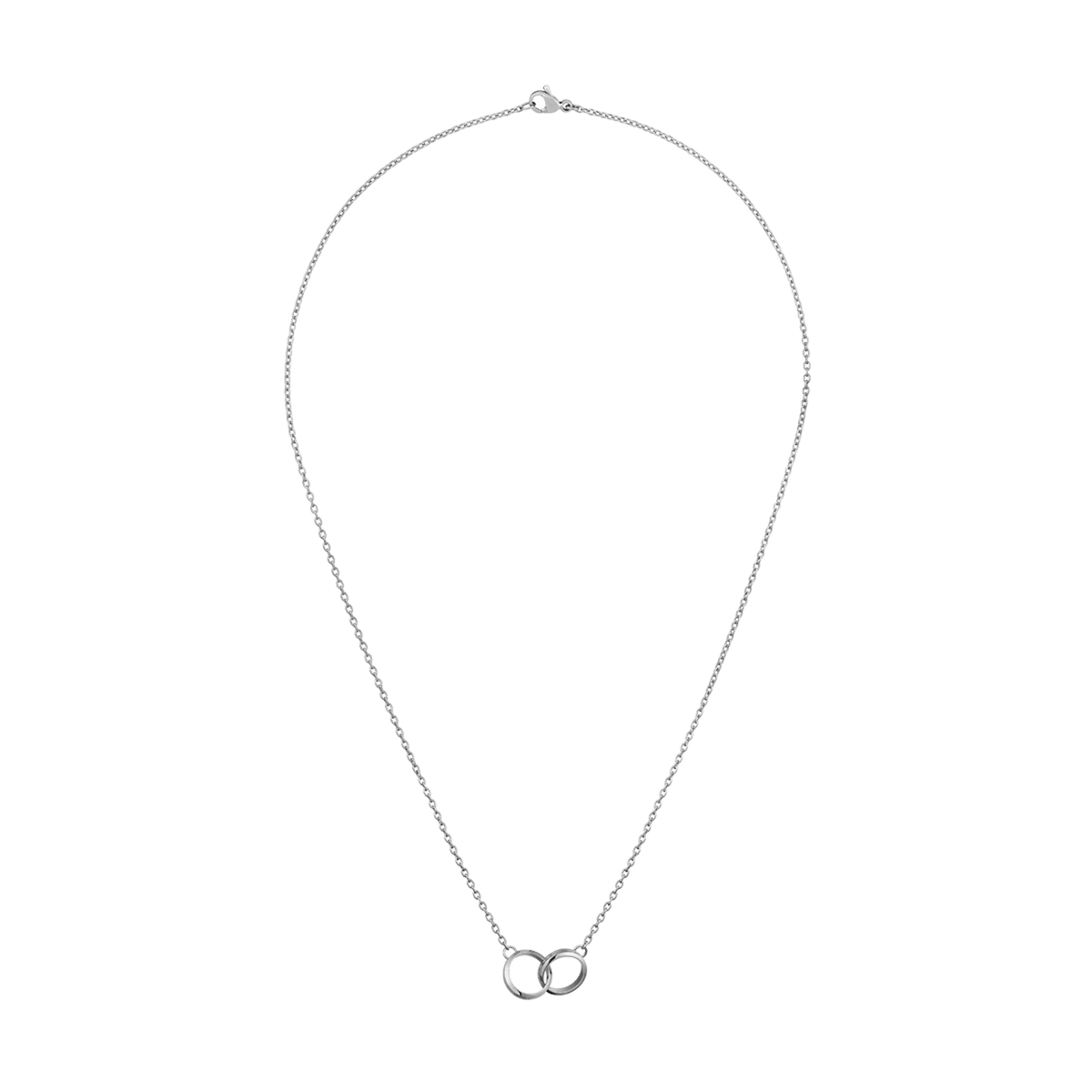 Elan Unity Necklace Silver featuring two interlocking polished rings on a fine 44 cm silver chain, designed in a minimalist style.