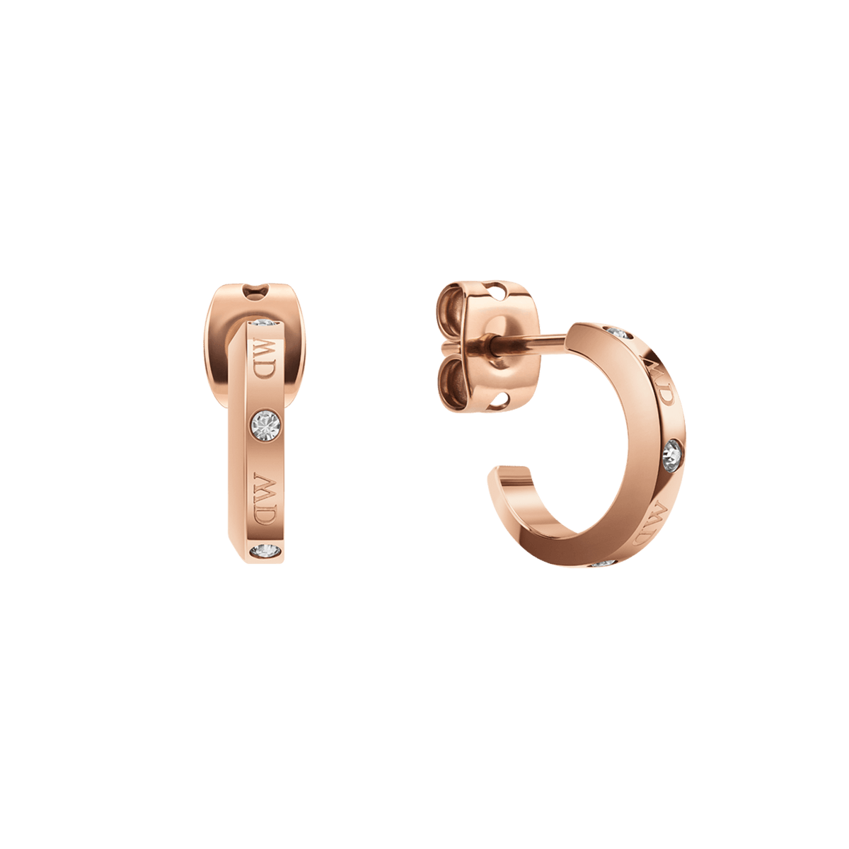 Pair of small rose gold half-hoop earrings with crystal accents and engraved Daniel Wellington logotype, shown from front and side angles.