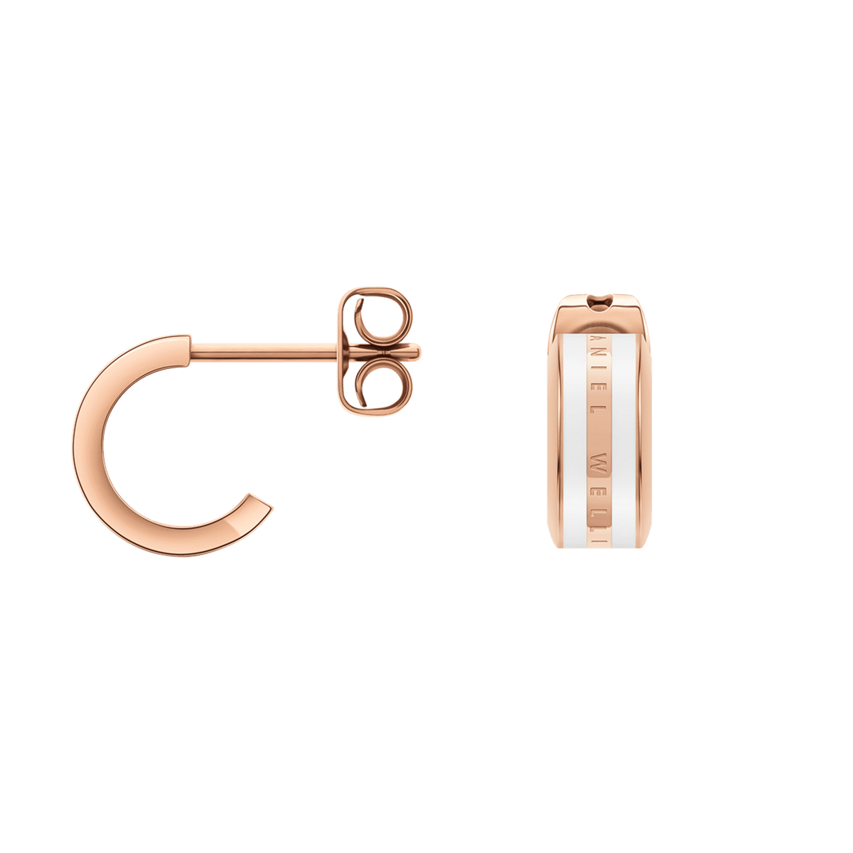 Pair of Emalie rose gold hoop earrings with satin white enamel inlay and Daniel Wellington logo engraving, shown with butterfly back fastening.