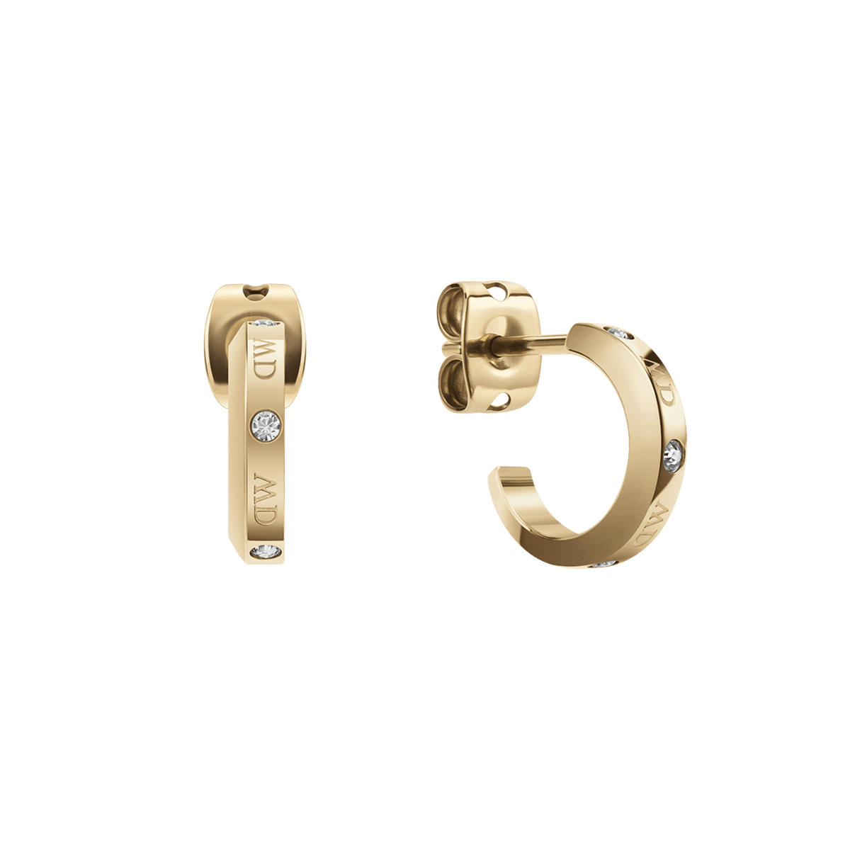 Classic Lumine Gold earrings in a petite hoop design, finished in polished gold with four sparkling crystals and subtle logotype etching along the outer edge.