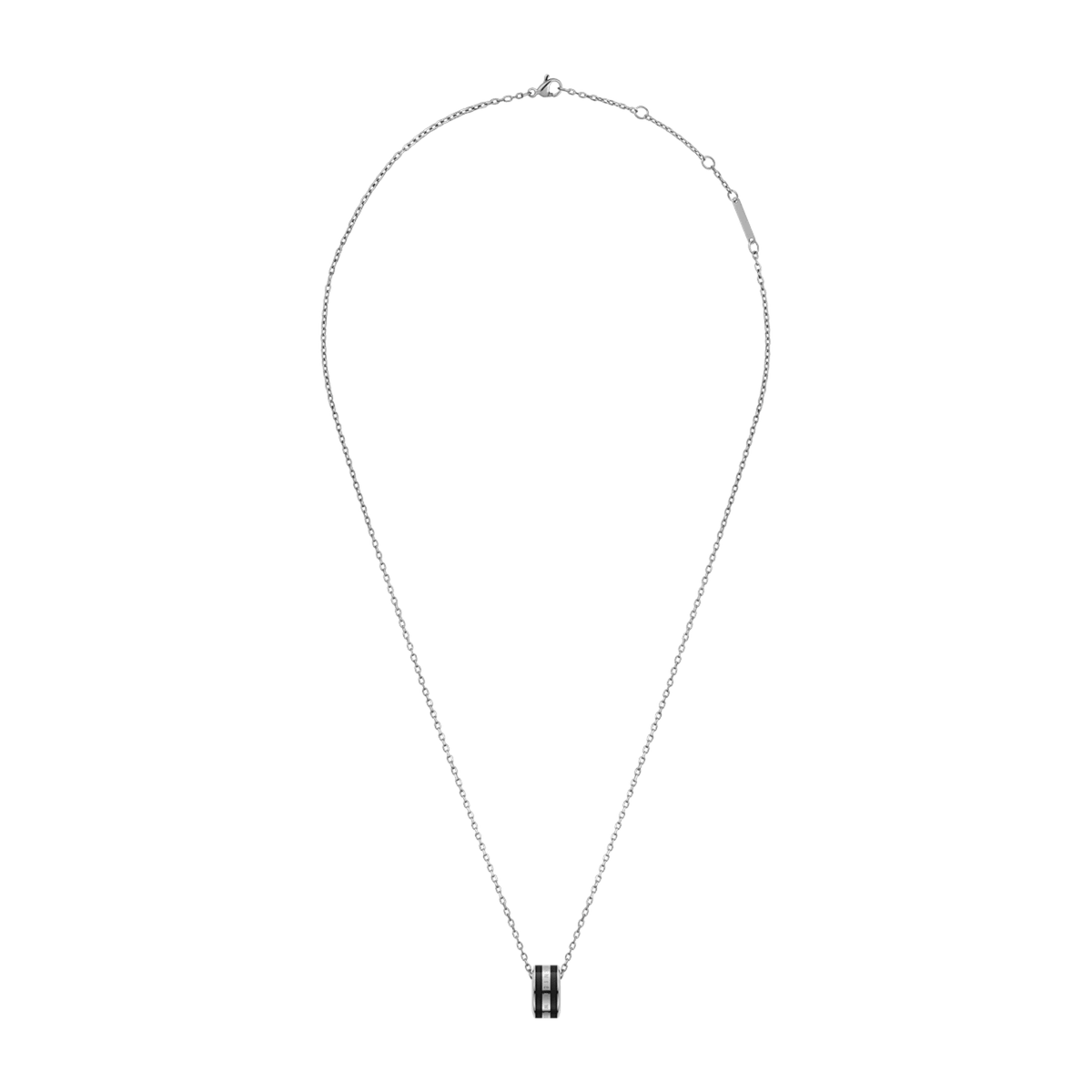 Emalie Necklace Silver Black featuring an adjustable silver chain and a sleek ring pendant with polished black enamel detailing.