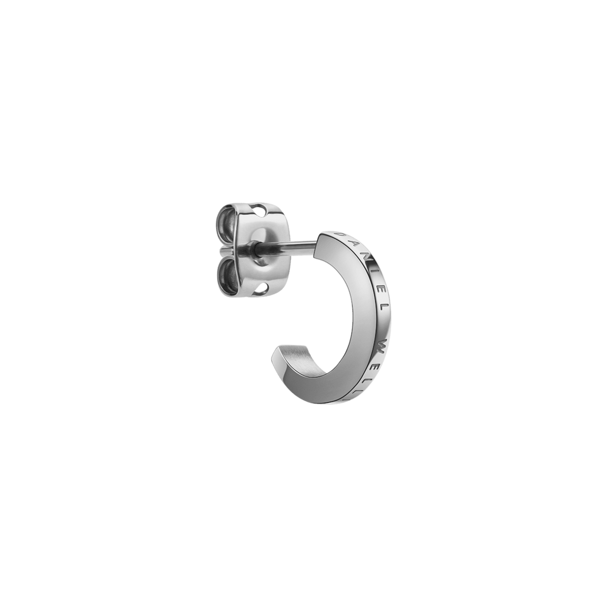 Elan Earrings Silver—polished stainless steel huggie hoop with engraved Daniel Wellington logo and secure butterfly back.