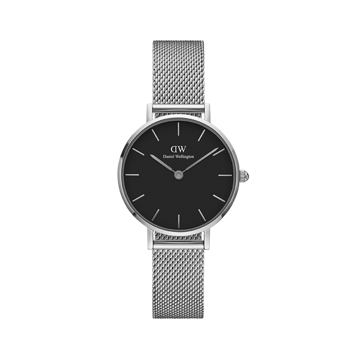 Petite Sterling women’s watch with black minimalist dial, slim silver hands, and stainless steel mesh strap by Daniel Wellington.