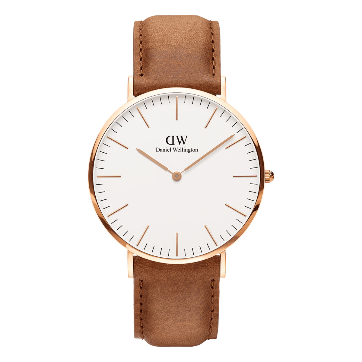 Classic Durham Rose Gold watch featuring a minimalist eggshell white dial, slim rose gold case, and a light brown genuine leather strap with subtle patina detailing.