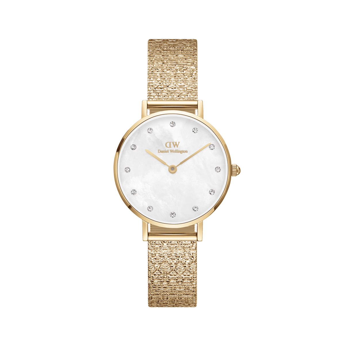 Petite Lumine Pressed Piano Gold women’s watch with gold piano-link strap, white mother of pearl dial, and crystal hour markers.