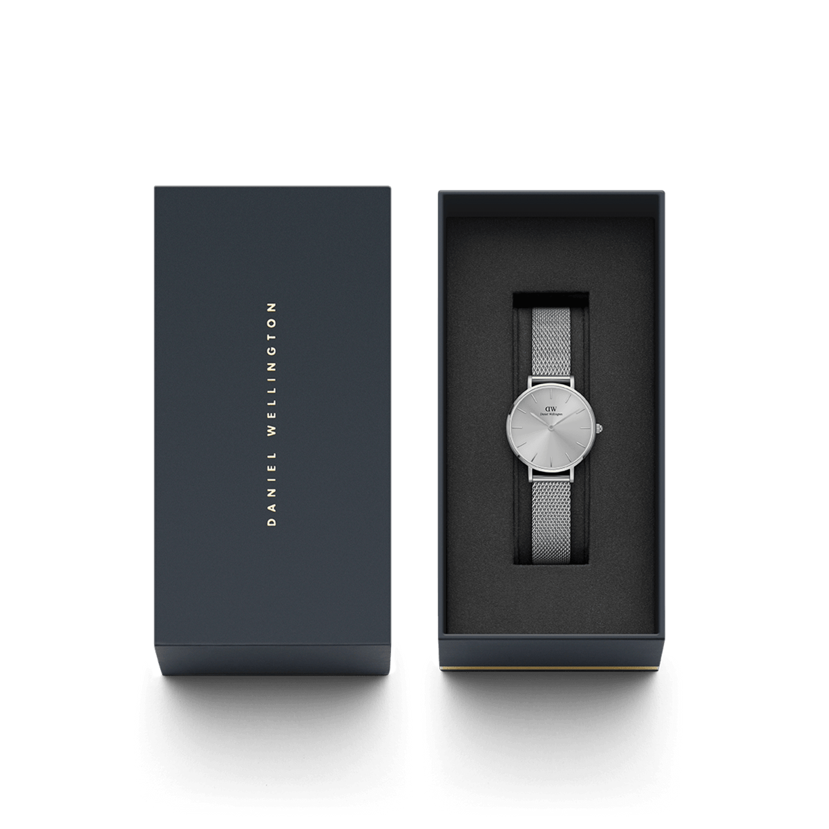 Petite Unitone Silver women’s watch with mesh strap, presented in a Daniel Wellington gift box, minimalist style.