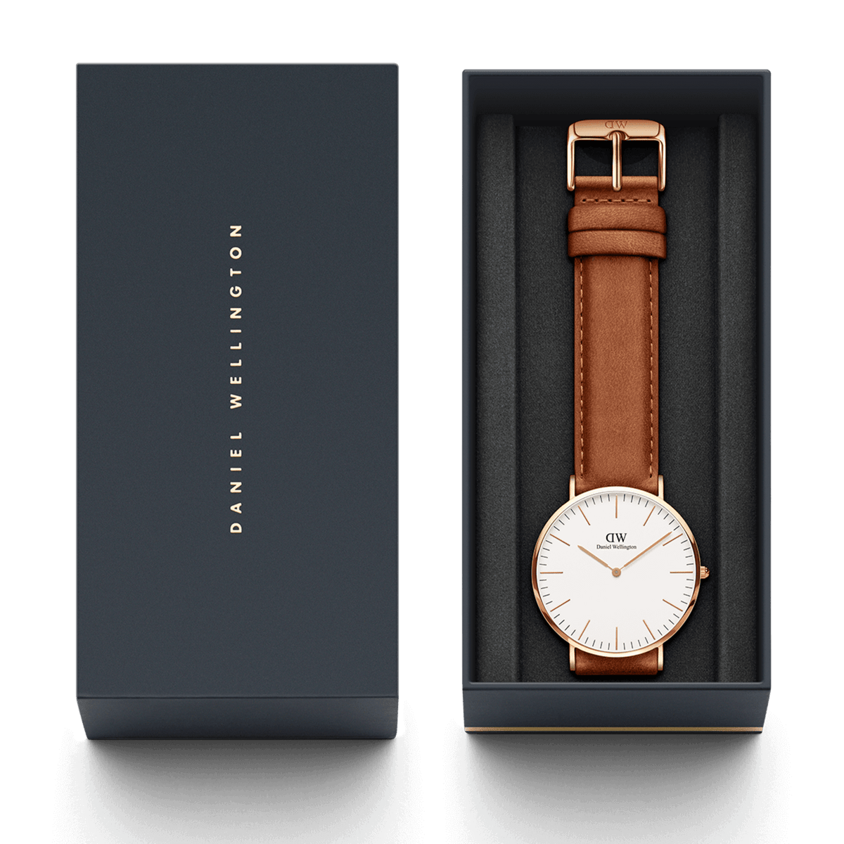 Classic Durham Rose Gold watch with a light brown leather strap, presented in an elegant dark Daniel Wellington gift box.