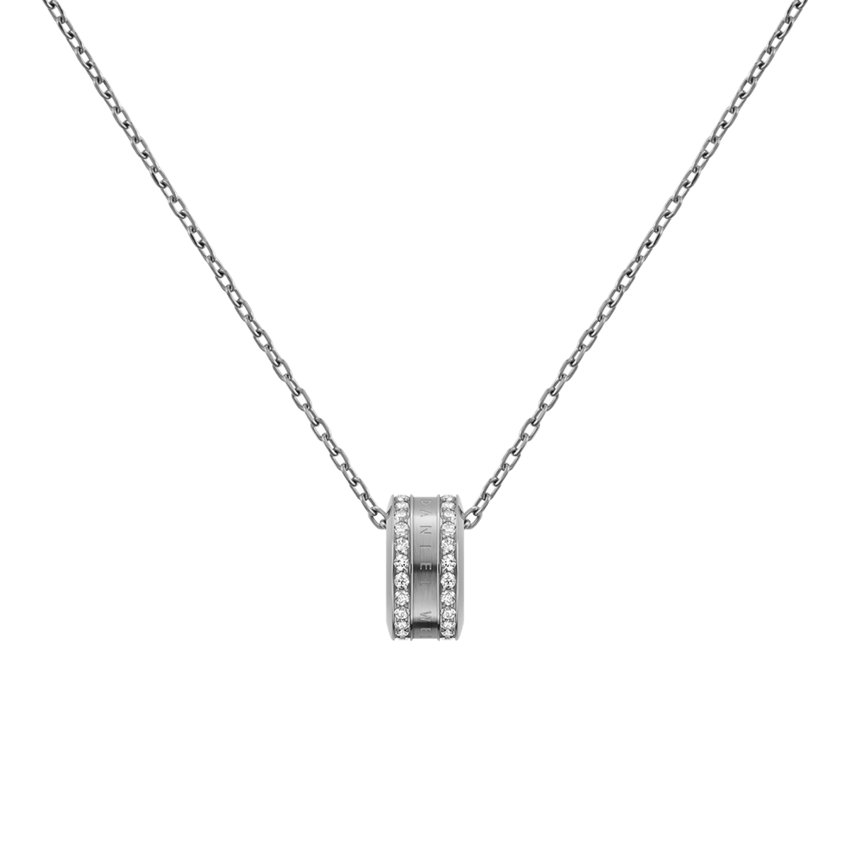 Silver Elan Lumine Necklace with a round pendant featuring crystal accents on both sides, elegantly suspended from a fine cable chain.