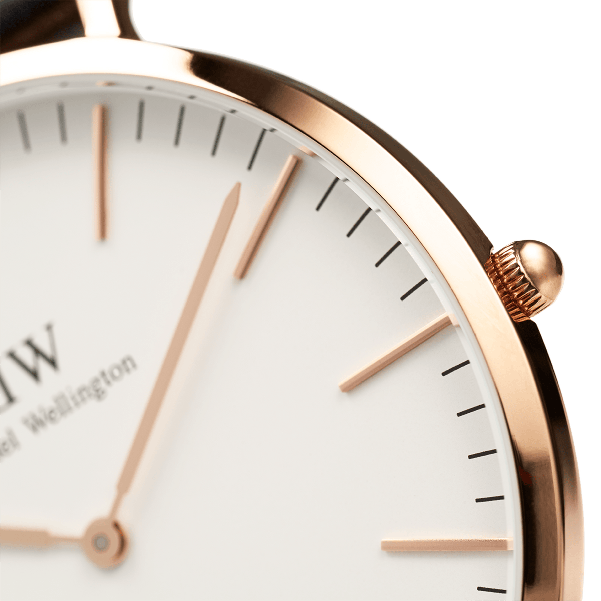 Detail of the Classic Durham Rose Gold watch showing the polished rose gold case, minimalist white dial, and sleek hour markers.
