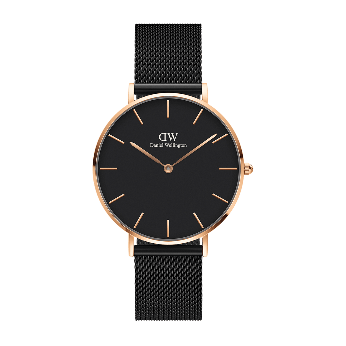 Petite Ashfield women's watch featuring a matte black dial, rose gold accents, and a slim black mesh strap for a refined, modern look.