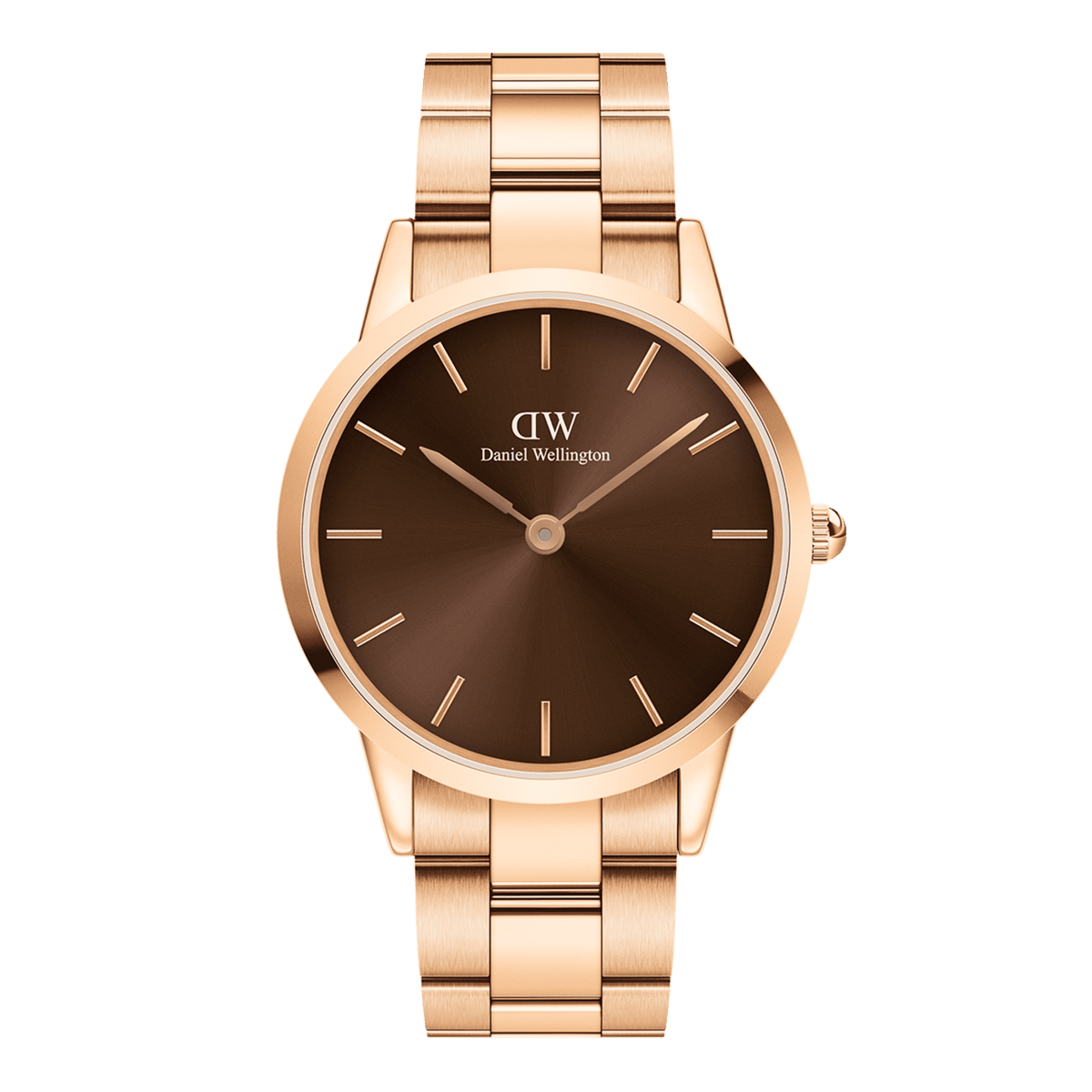 Rose gold Daniel Wellington watch with a sunray-finished amber brown dial and a polished link bracelet, featuring minimalist hour markers and a sleek, modern design.
