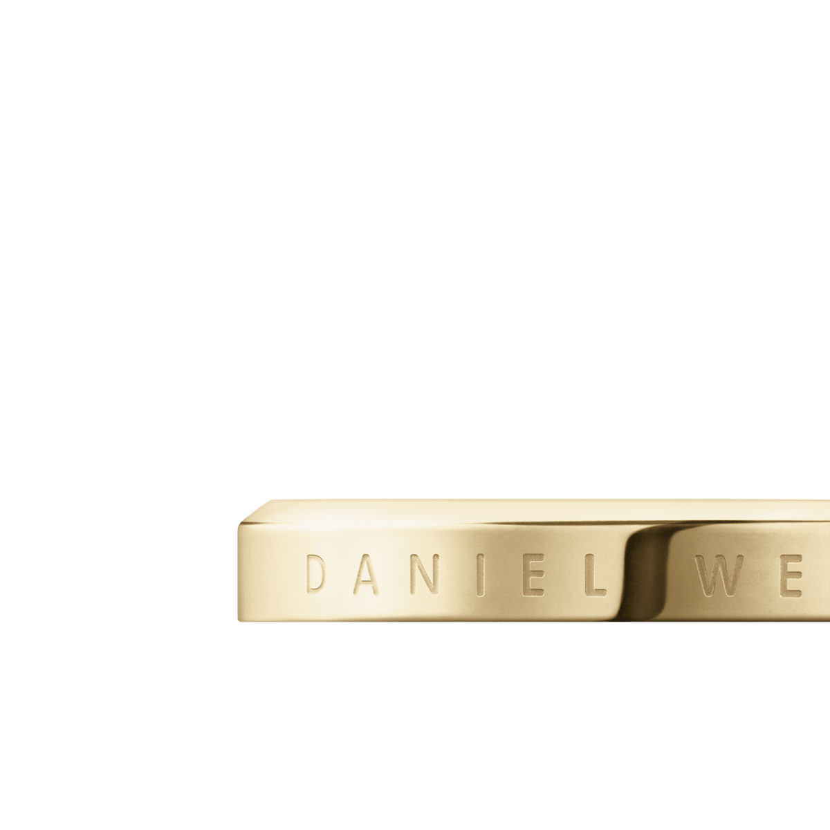Close-up of the Classic Ring Gold by Daniel Wellington, highlighting the polished gold finish and engraved branding on the smooth band.